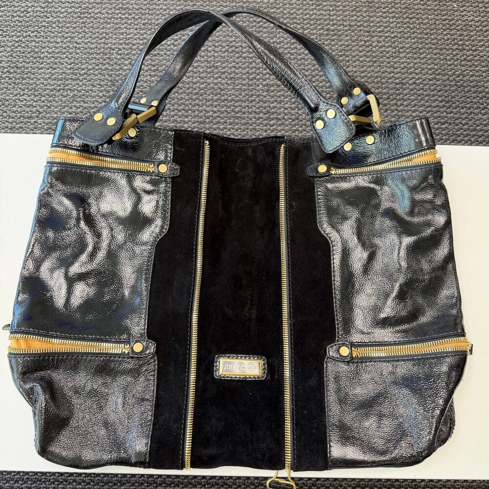 Vtg Jimmy Choo Mona Large Tote Bag Black Calfskin Leather Suede Gold Hardware